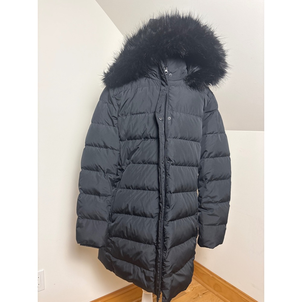 Lands' End Black Down Puffer Parka Coat Faux Fur Hood XL 18 502853